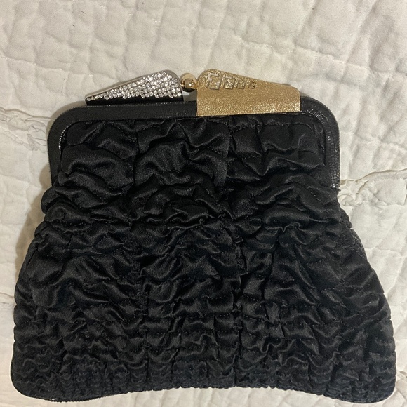 FENDI Borderline Clutch in Black Pleated Satin with Gold and Silver Kiss Lock - Picture 6 of 14